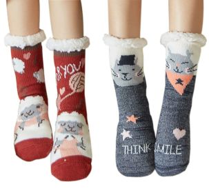 2 Pairs Thicken Knit Cozy Warm Fuzzy Slipper Socks With Non-slip Grippers, Sheep and Cat