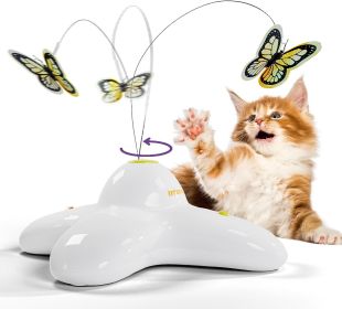 Interactive Cat Toy, White Automatic Butterfly Cat Toy with 2 Replacements, 360 Degree Rotation, Sturdy Interactive Cat Butterfly Toy