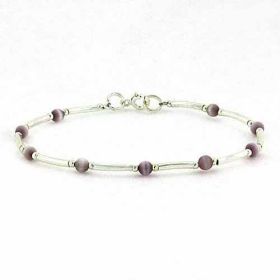 Sterling Silver Lavender Cats Eye Bead and Bar Bracelet