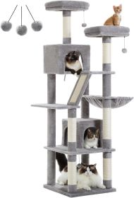 PAWZ Road 180cm Large Cat Tree For Indoor Cats, Multi-Level Cat Tower Cat Scratching Post With 2 Perches, 2 Condos, Hammock And 2 Pompoms Grey (Color: GREY)