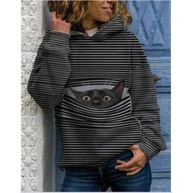 Fashion Women's New Product Sweater Cat Print Striped Hooded Casual Hoodie (Color: Black, size: XXL)