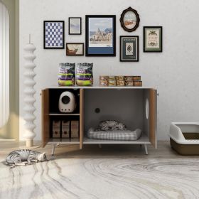 Litter Box Enclosure, Cat Litter Box Furniture with Hidden Plug, 3 Doors,Indoor Cat Washroom Storage Bench Side Table Cat House (Color: White+Walnut)